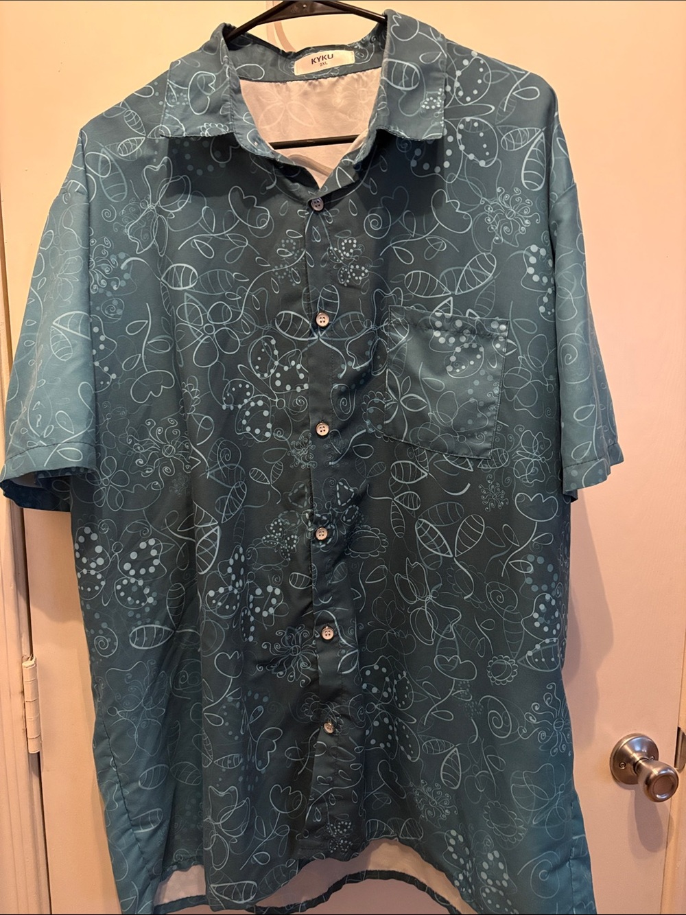 KYKU Men's Teal Short-Sleeve Button-Down Shirt with Floral Print Resort Size 2XL